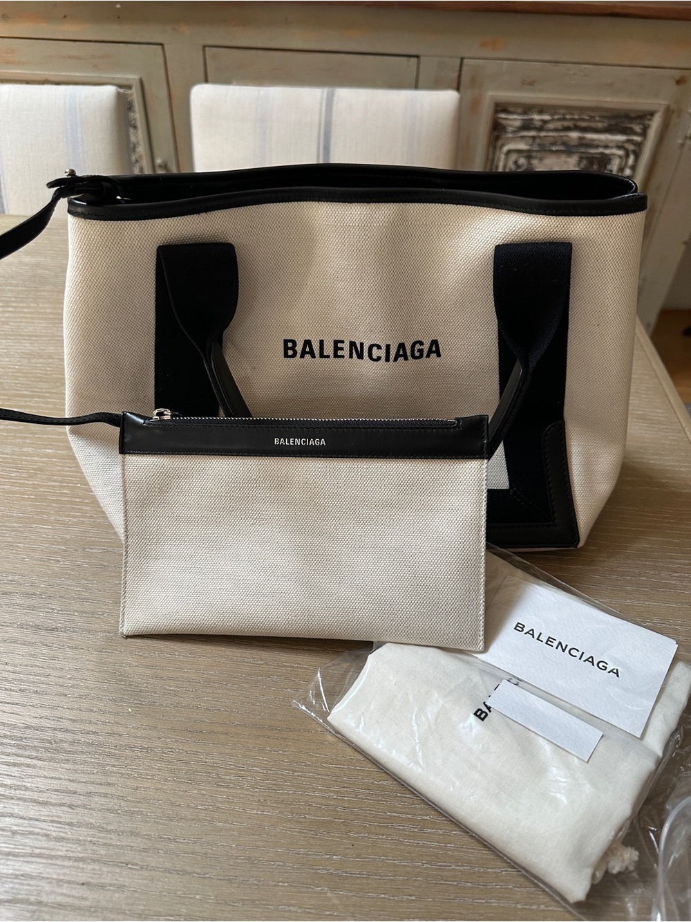 Balenciaga Cream Canvas Tote with Black Trim and Pouch